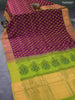 Silk cotton block printed saree dark purple and mehendi green with allover butta prints and zari woven border