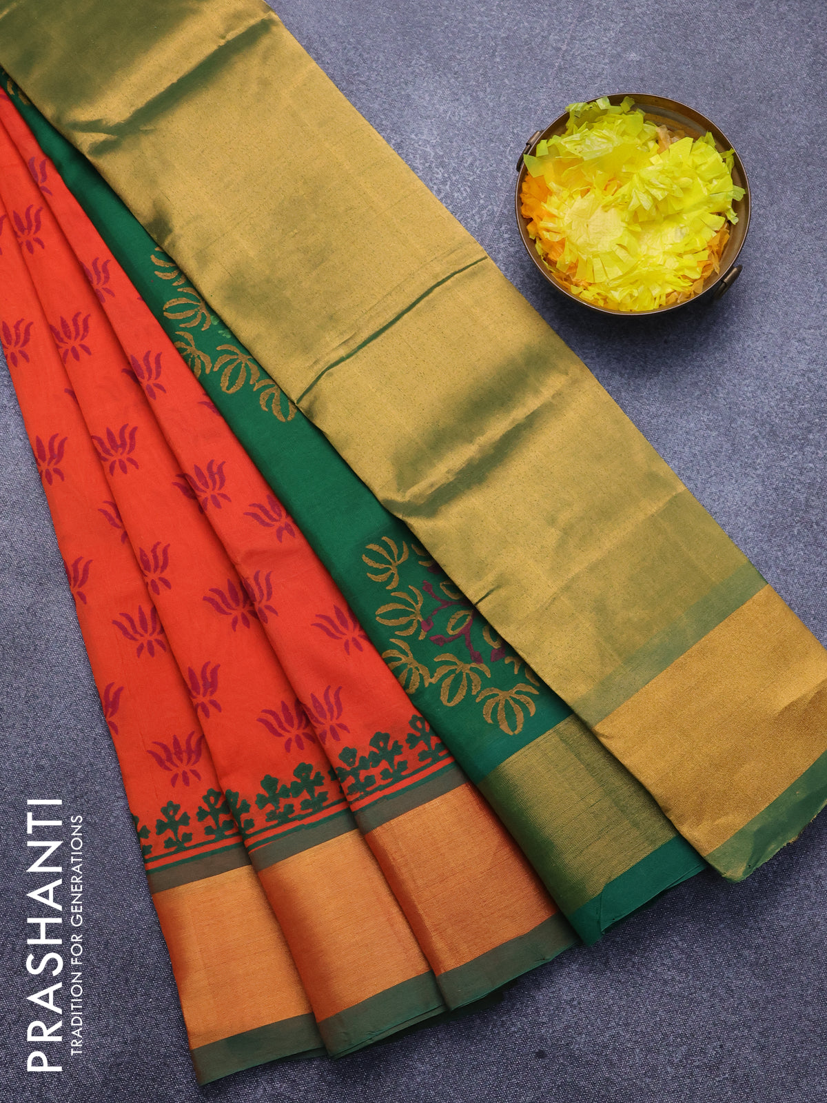 Silk cotton block printed saree orange and green with allover butta prints and zari woven border