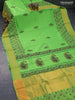 Silk cotton block printed saree green with butta prints and zari woven border