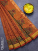 Silk cotton block printed saree dual shade of mustard with allover prints and zari woven border