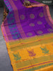 Silk cotton block printed saree deep purple and mustard yellow with allover prints and zari woven border