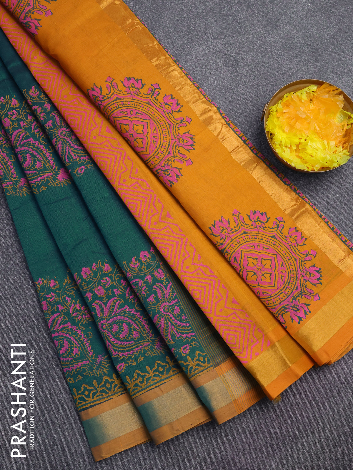 Silk cotton block printed saree dark peacock green and mustard yellow with allover prints and zari woven border