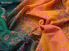 Silk cotton block printed saree dark peacock green and mustard yellow with allover prints and zari woven border
