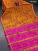 Silk cotton block printed saree mustard yellow and pink with allover prints and zari woven border