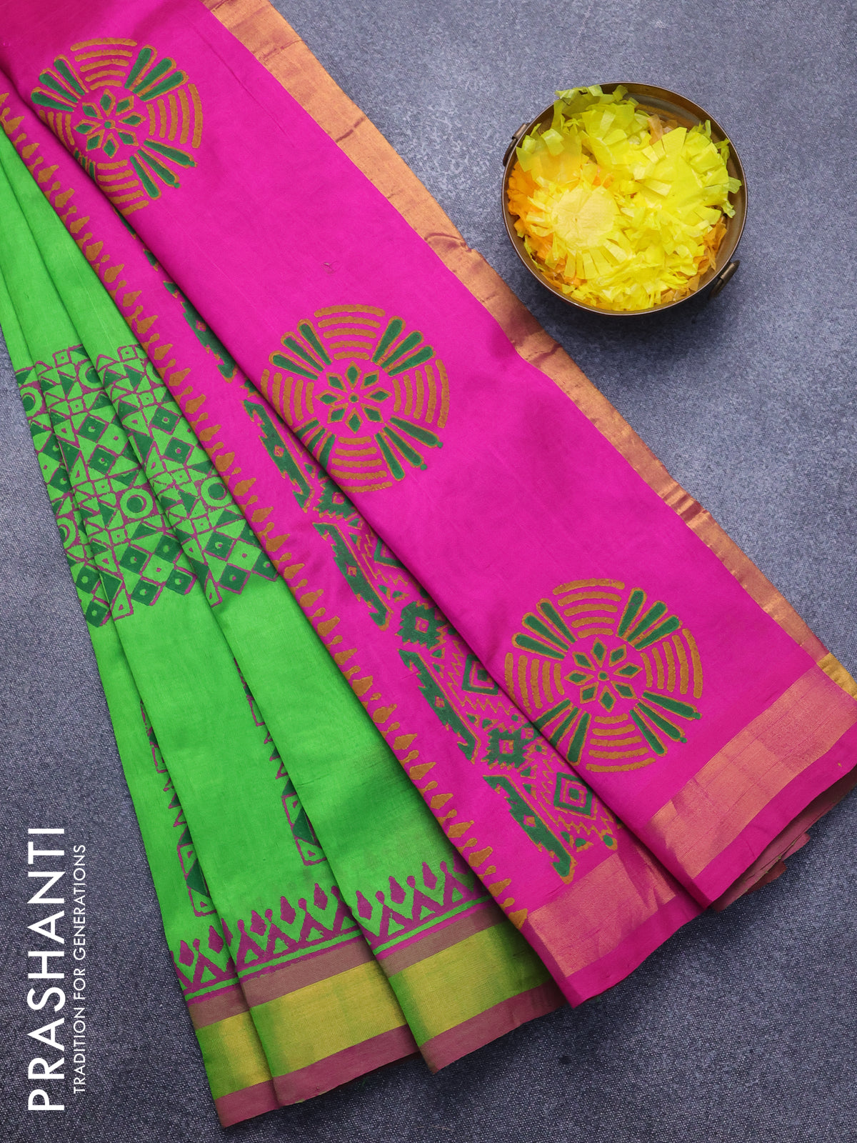 Silk cotton block printed saree parrot green and pink with box type butta prints and zari woven border