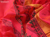 Silk cotton block printed saree dual shade of pinkish orange with butta print and zari woven border