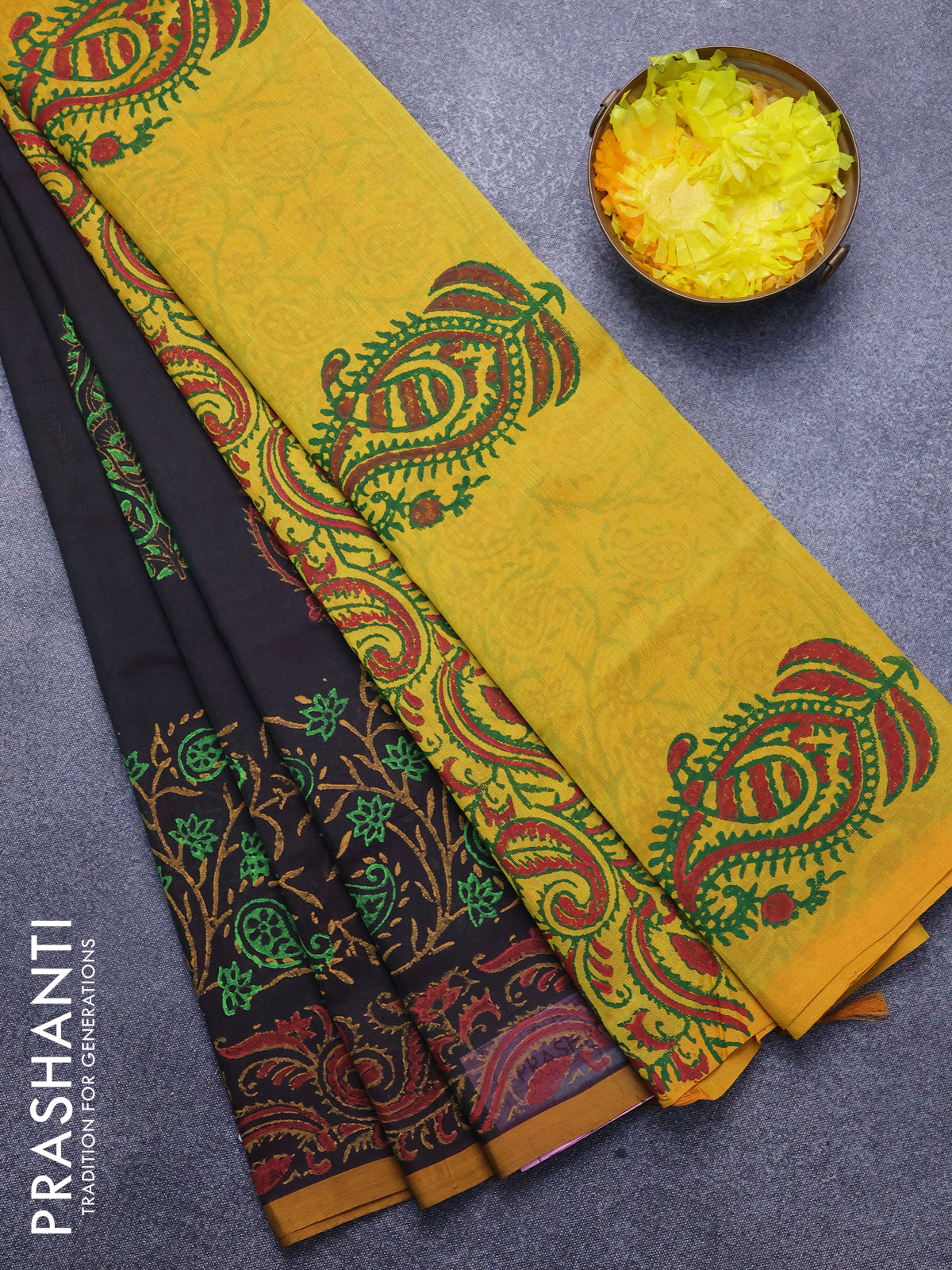 Silk cotton block printed saree dual shade of bottle green and mustard yellow with butta print and printed border