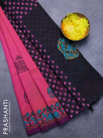 Silk cotton block printed saree dual shade of pink and black purple with elephant butta prints and printed border
