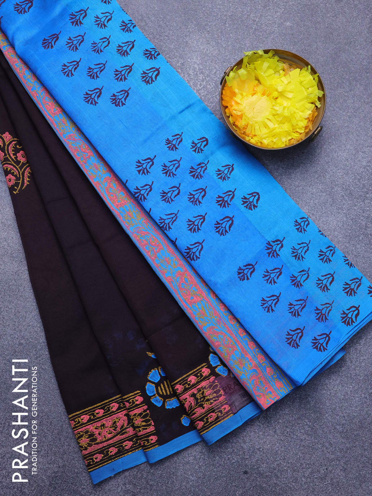 Silk cotton block printed saree coffee brown and cs blue with floral butta prints and printed border