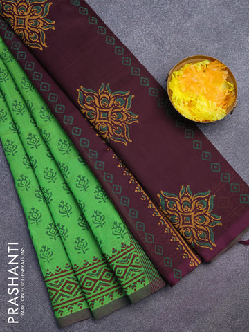 Silk cotton block printed saree green and wine shade with allover butta prints and printed border