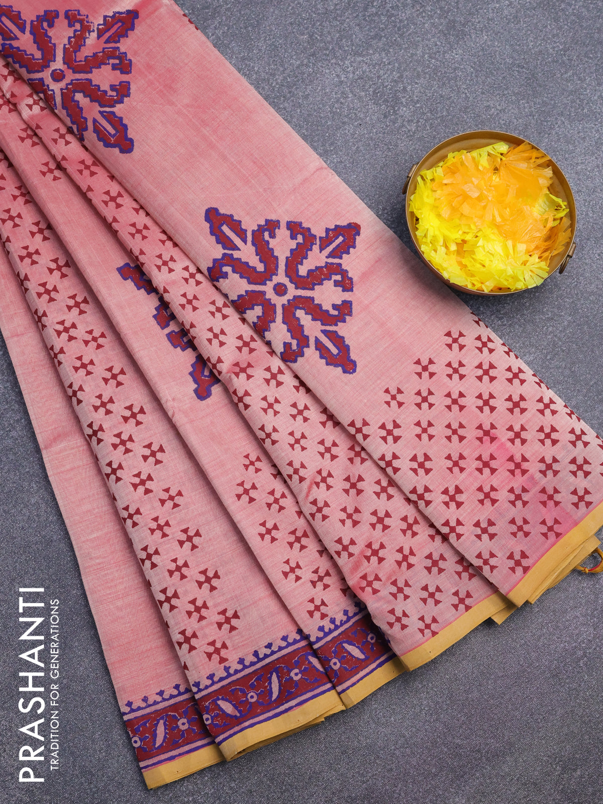 Silk cotton block printed saree dual shade of pink and mustard yellow with allover butta prints and printed border