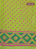 Silk cotton block printed saree pink and light green with allover prints and printed border