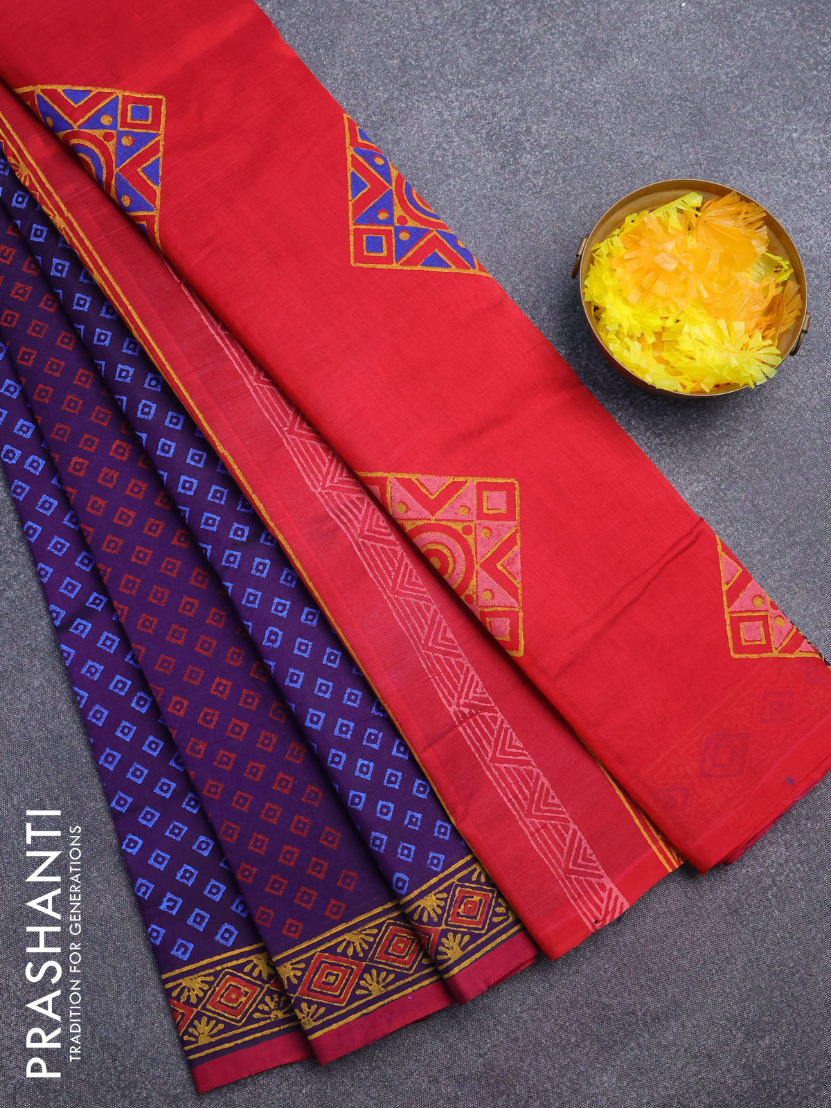 Silk cotton block printed saree deep violet and reddish pink with allover butta prints and printed border