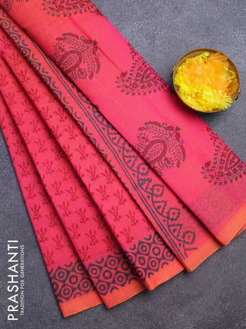 Silk cotton block printed saree dual shade of pinkish orange with allover butta prints and printed border