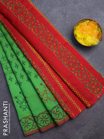 Silk cotton block printed saree light green and red with butta prints and printed border