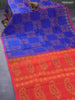 Silk cotton block printed saree blue and rustic orange with allover prints and printed border