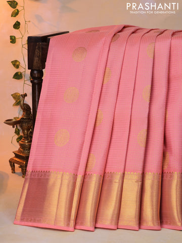 Pure kanjivaram silk saree peach pink and navy blue with allover zari checks & buttas and zari woven border