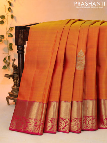 Pure kanjivaram silk saree mustard yellow and pink with zari woven buttas and annam zari woven border
