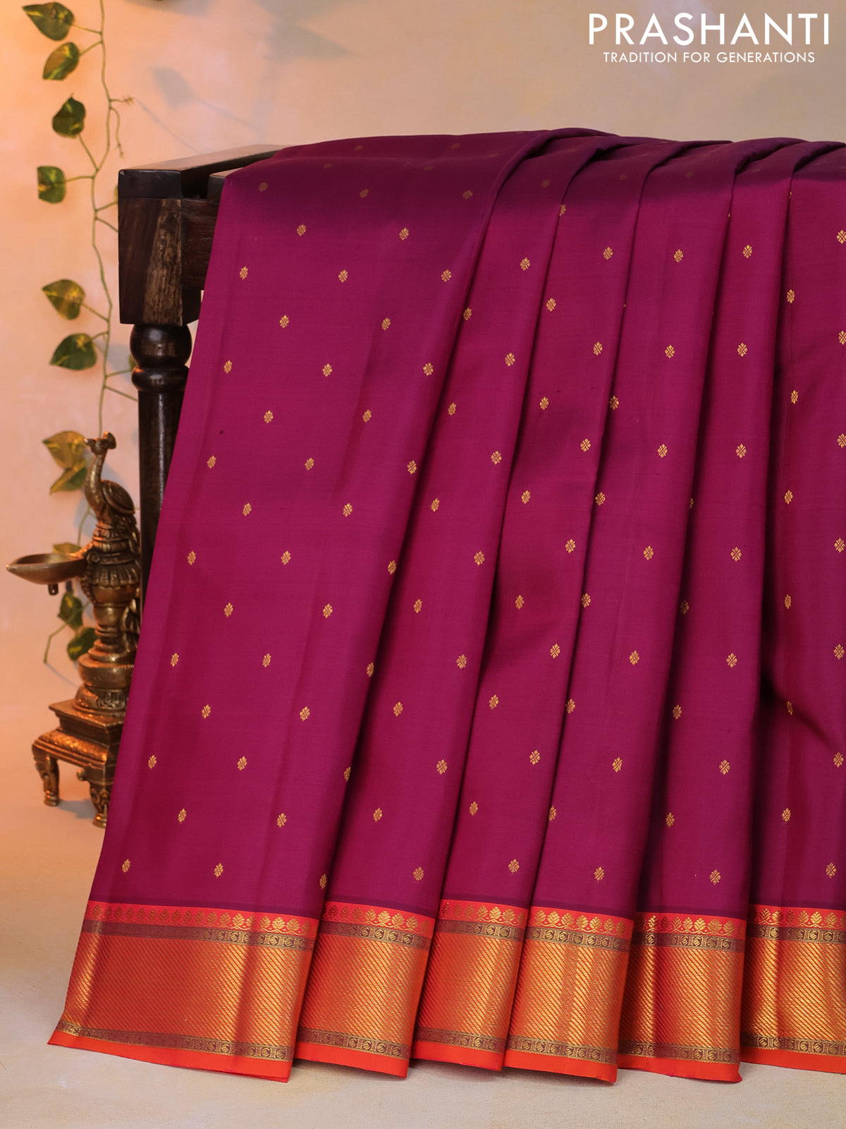 Pure kanjivaram silk saree magenta pink and orange with zari woven buttas and zari woven border