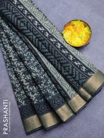 Muslin cotton saree beige and peacock green with allover kalamkari prints and zari woven border