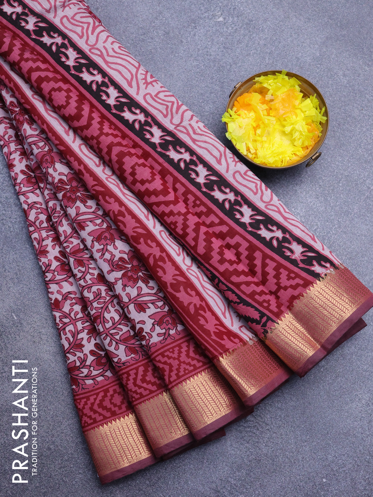Muslin cotton saree beige and maroon with allover kalamkari prints and zari woven border