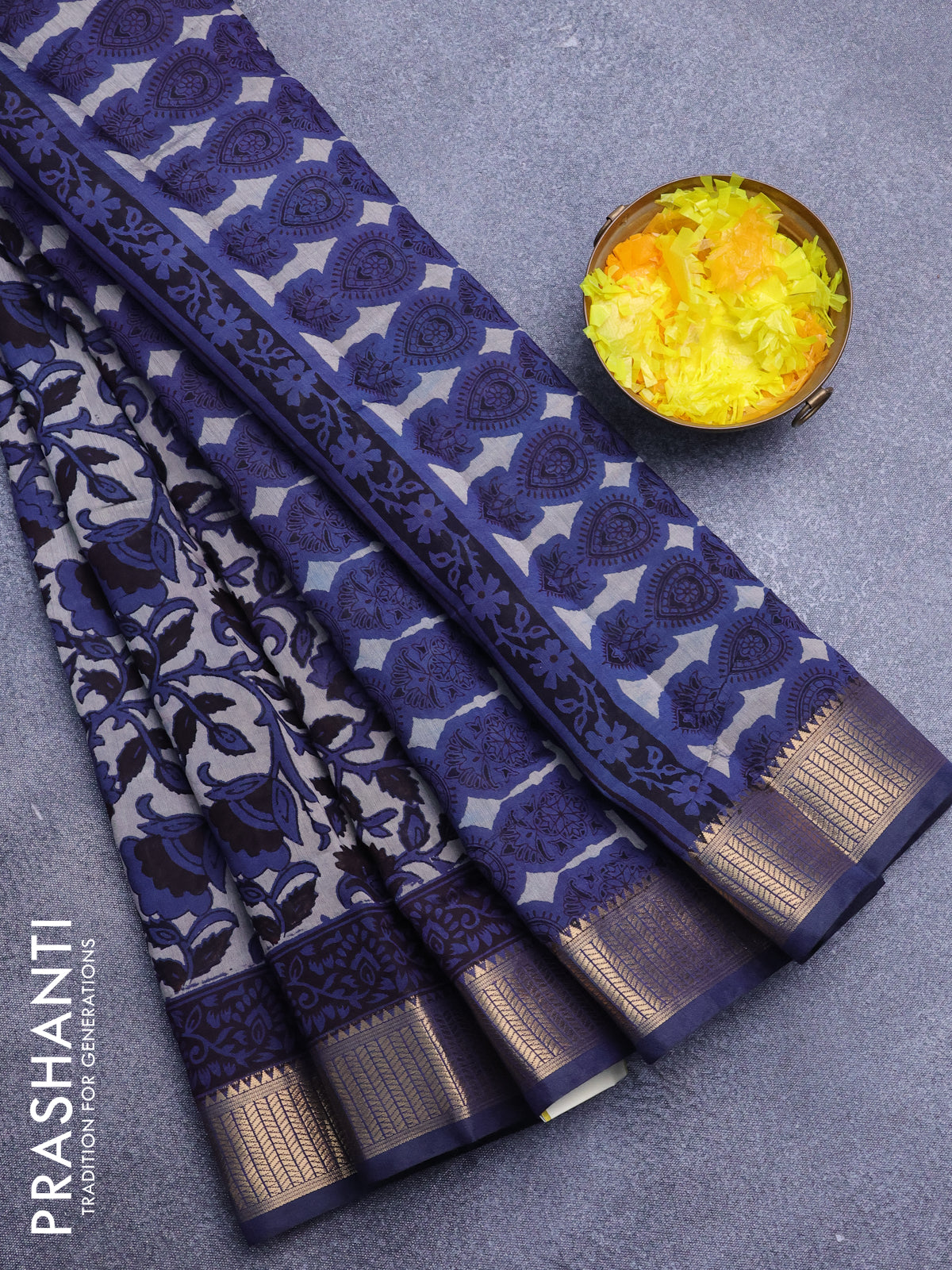 Muslin cotton saree beige and navy blue with allover kalamkari prints and zari woven border