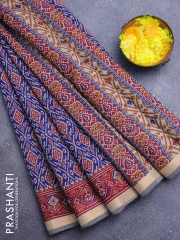 Muslin cotton saree blue and maroon with allover ikat prints and zari woven border
