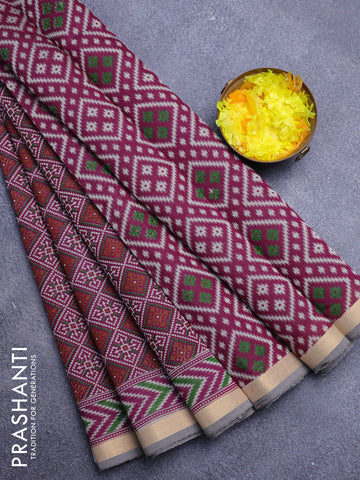 Muslin cotton saree dark magenta and chikku shade with allover ikat prints and zari woven border