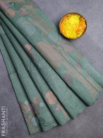 Crush embroidery saree green with allover zari checks & embroidery work buttas in borderless style