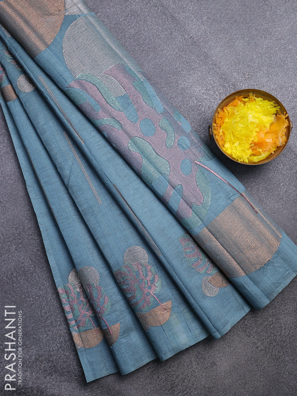 Crush embroidery saree pastel blue with allover embroidery work buttas in borderless style