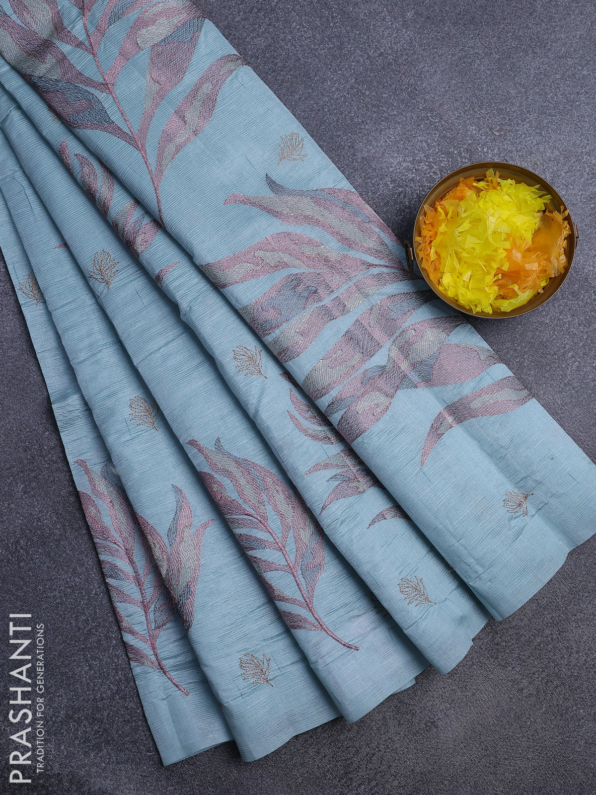 Crush embroidery saree light blue with embroidery work buttas in borderless style