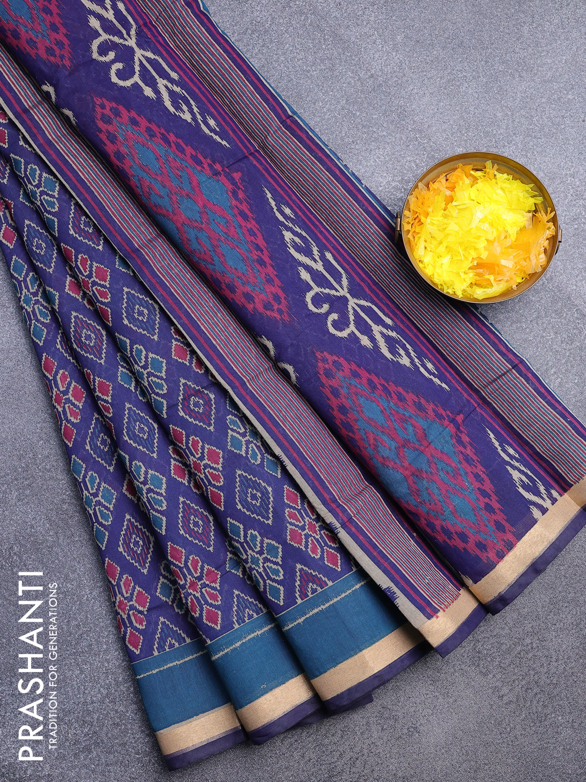 Muslin cotton saree dark blue and peacock blue with allover ikat prints and zari woven border