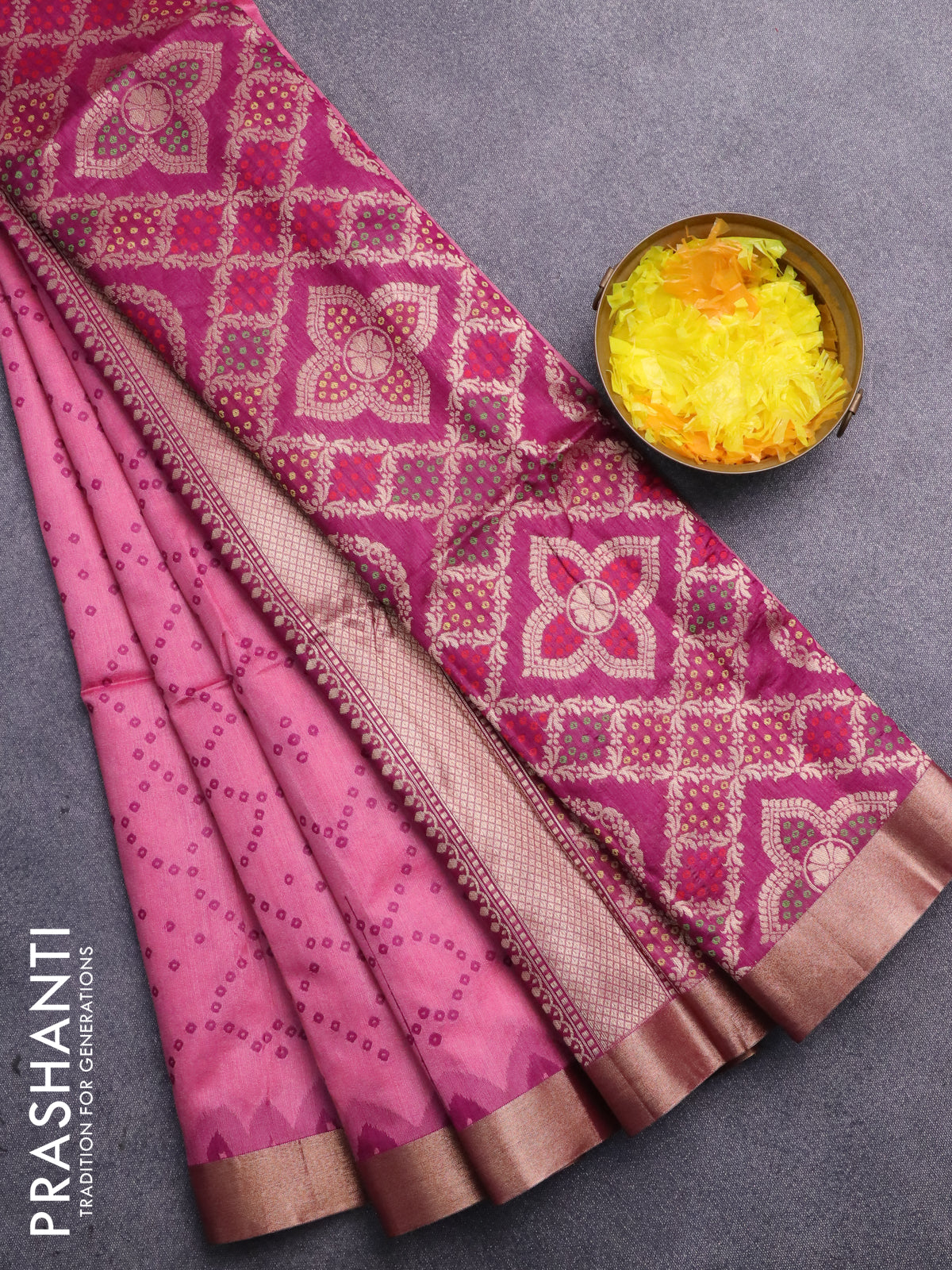 Semi dupion saree pink and purple with bandhani butta thread weaves and zari woven border