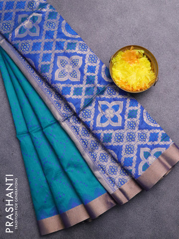 Semi dupion saree teal blue and blue with bandhani butta thread weaves and zari woven border