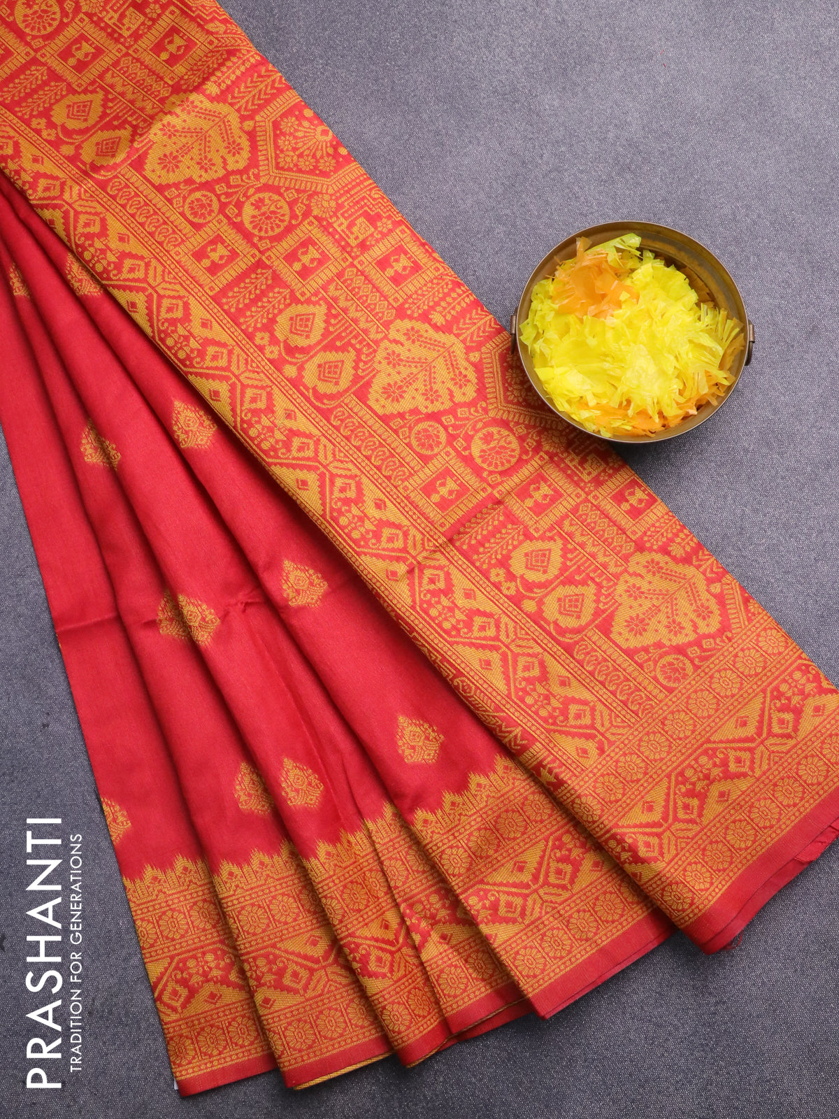 Semi dupion saree red and mustard yellow with thread woven buttas and thread woven border