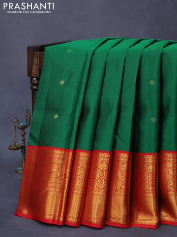 Pure kanjivaram silk saree green and red with zari woven buttas and long zari woven korvai border