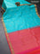 Pure kanjivaram silk saree teal blue and dual shade of pinkish orange with paisley zari woven buttas and zari woven border