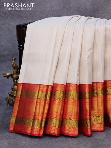 Pure kanjivaram silk saree off white and pink with allover zari weaves and long zari woven korvai border