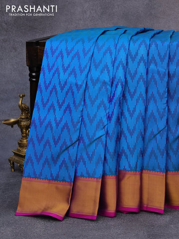 Pure kanjivaram silk saree cs blue and magenta pink with allover self emboss and thread woven border