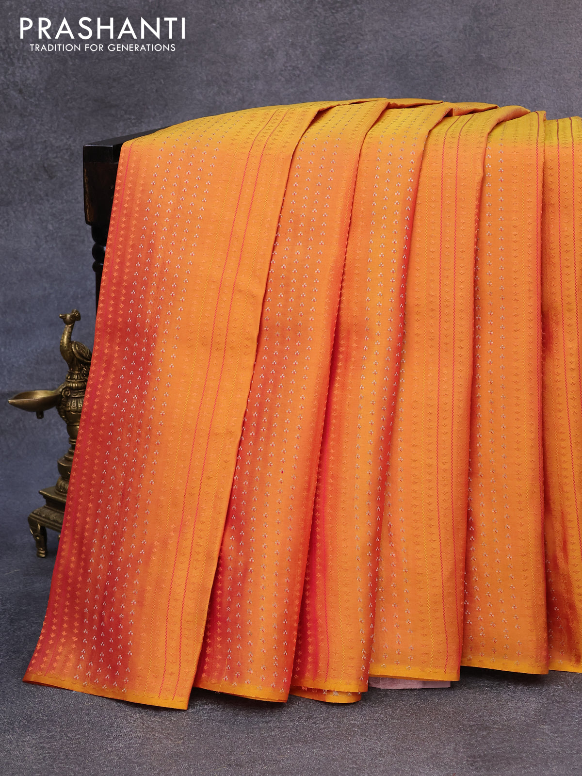 Pure kanjivaram silk saree dual shade of mustard yellow and grey shade with allover zari weaves in borderless style