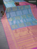 Pure kanjivaram silk saree teal blue and mauve pink with allover zari brocade weaves and zari woven border