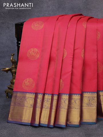 Pure kanjivaram silk saree pink and teal blue with allover zari checked pattern & buttas and annam zari woven border