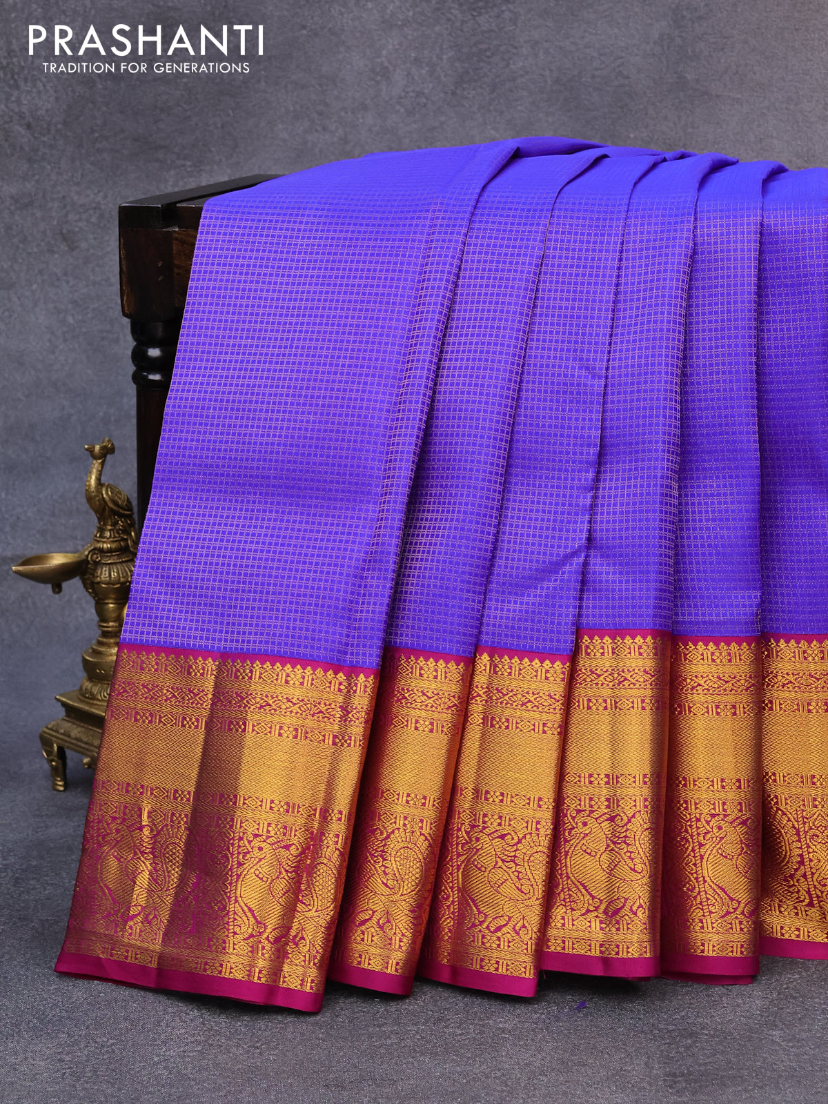 Pure kanjivaram silk saree royal blue and magenta pink with allover zari checked pattern and long zari woven border