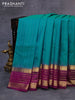 Pure kanjivaram silk saree teal green and purple with allover zari weaves and zari woven border
