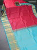 Pure kanjivaram silk saree pink and teal blue with allover zari checked pattern and long zari woven border