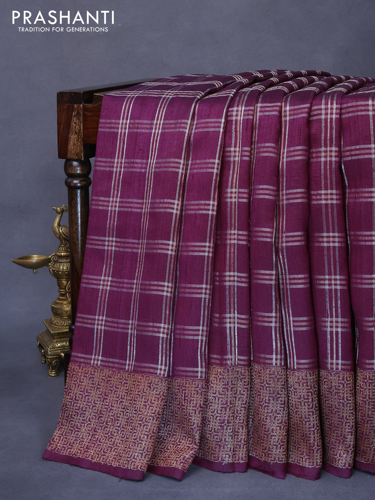 Banarasi raw silk saree purple with allover zari checked pattern and woven border