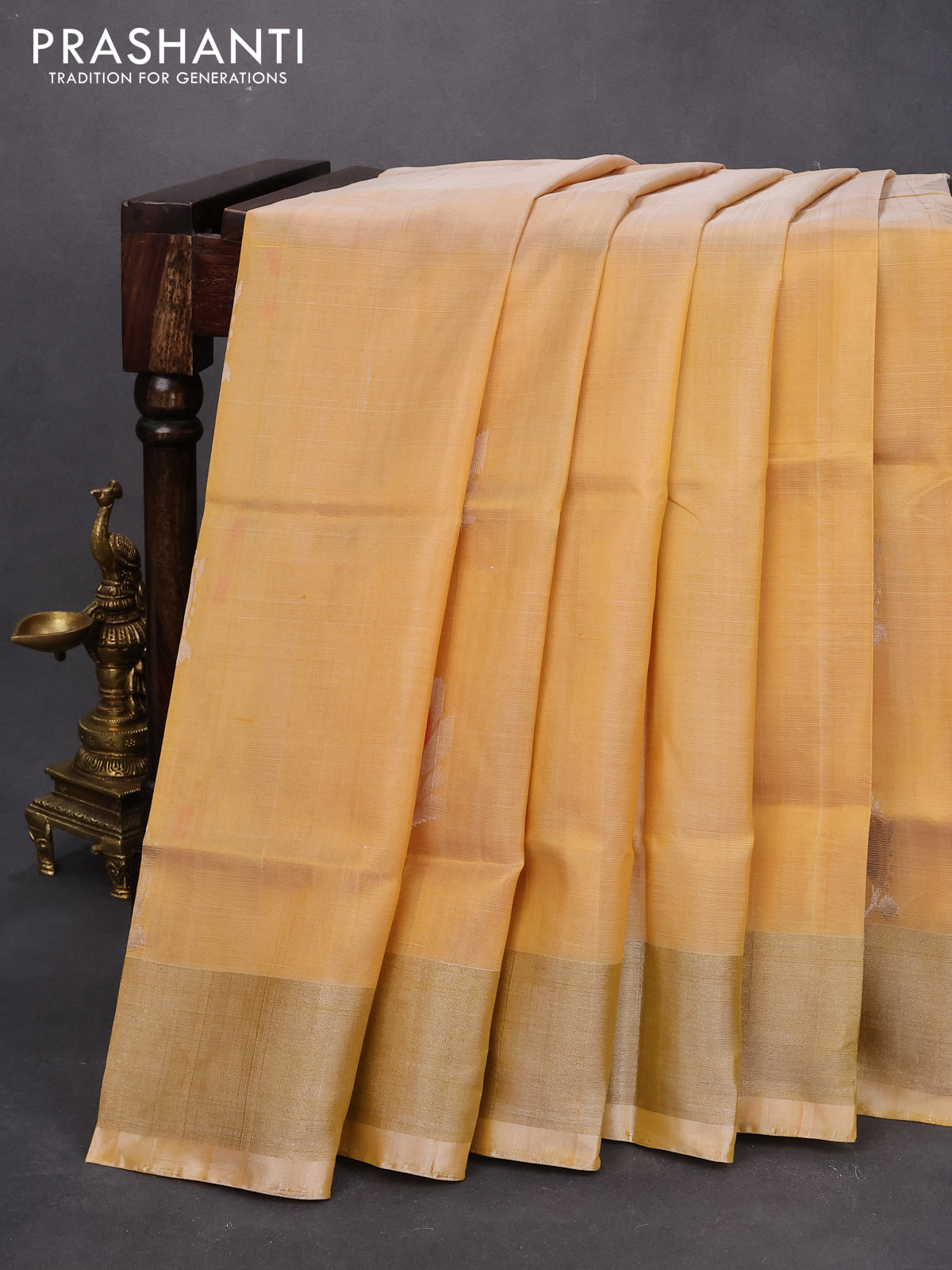 Pure uppada silk saree yellow shade with allover thread & silver zari woven floral buttas and silver zari woven border
