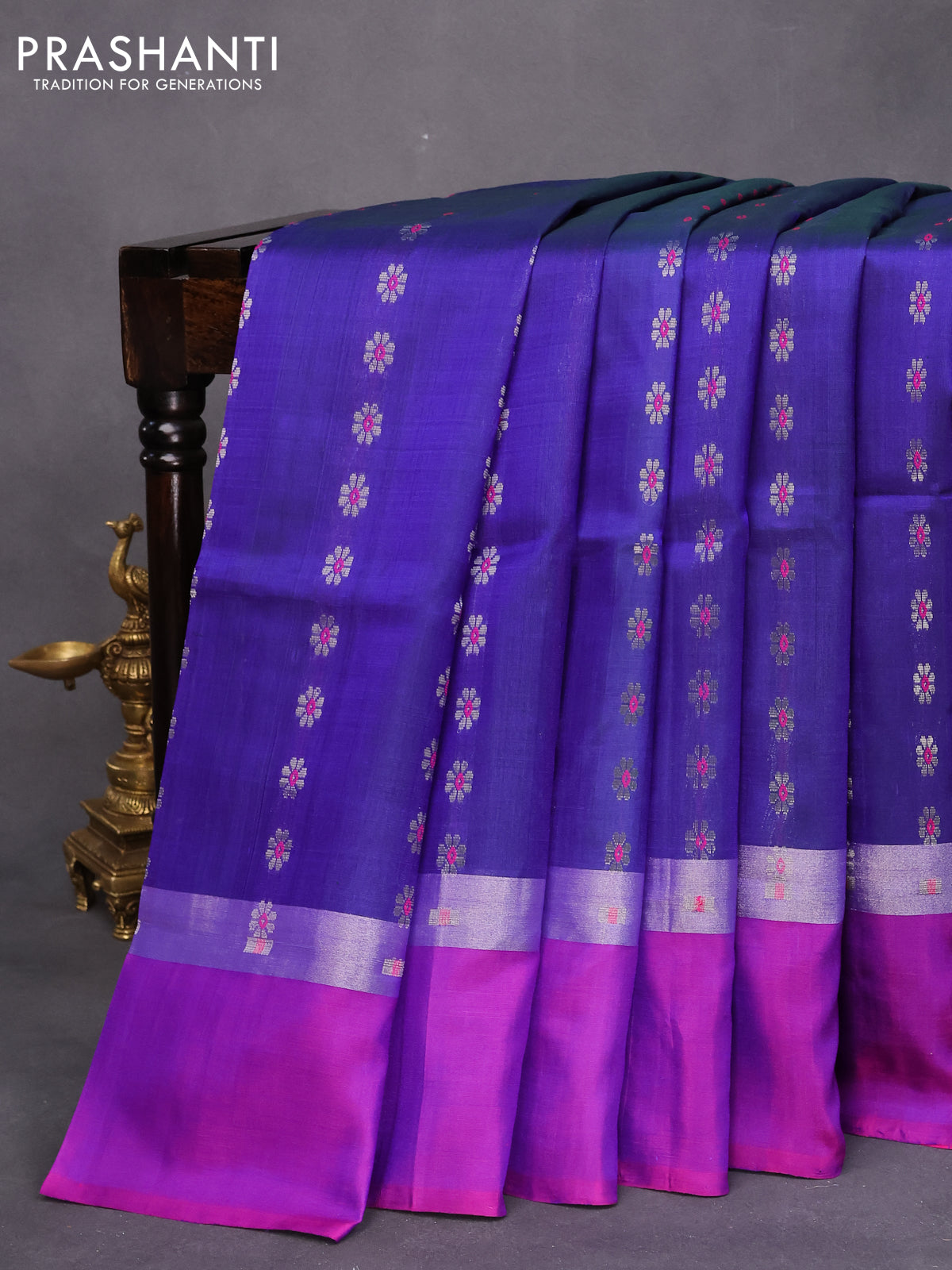 Pure uppada silk saree blue and pink with allover thread & silver zari woven floral buttas and silver zari woven simple border