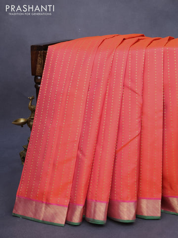Pure kanjivaram silk saree dual shade of orange and green with zari woven 1000 buttas and zari woven border