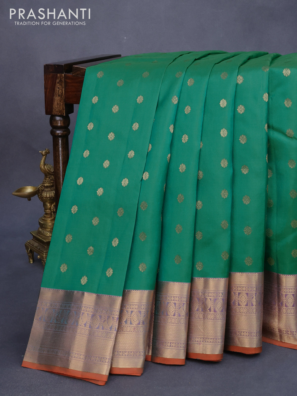 Pure kanjivaram silk saree green and orange with zari woven 1000 buttas and zari woven border